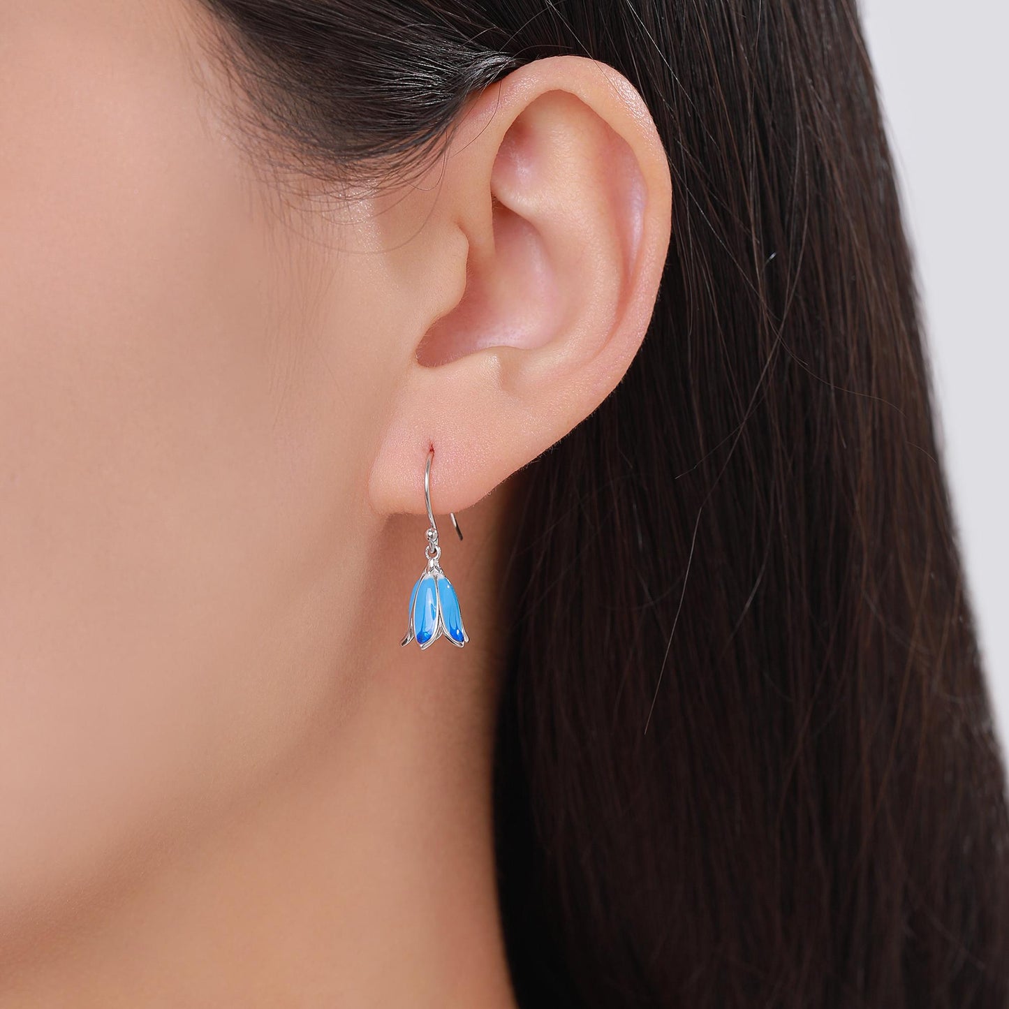 Sterling Silver Enamel Bluebell Flower Drop Dangle Earrings, Dainty Dangle Bluebell Flower Hook Earrings, Snowdrop Earrings, Spring Flowers