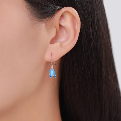 Sterling Silver Enamel Bluebell Flower Drop Dangle Earrings, Dainty Dangle Bluebell Flower Hook Earrings, Snowdrop Earrings, Spring Flowers