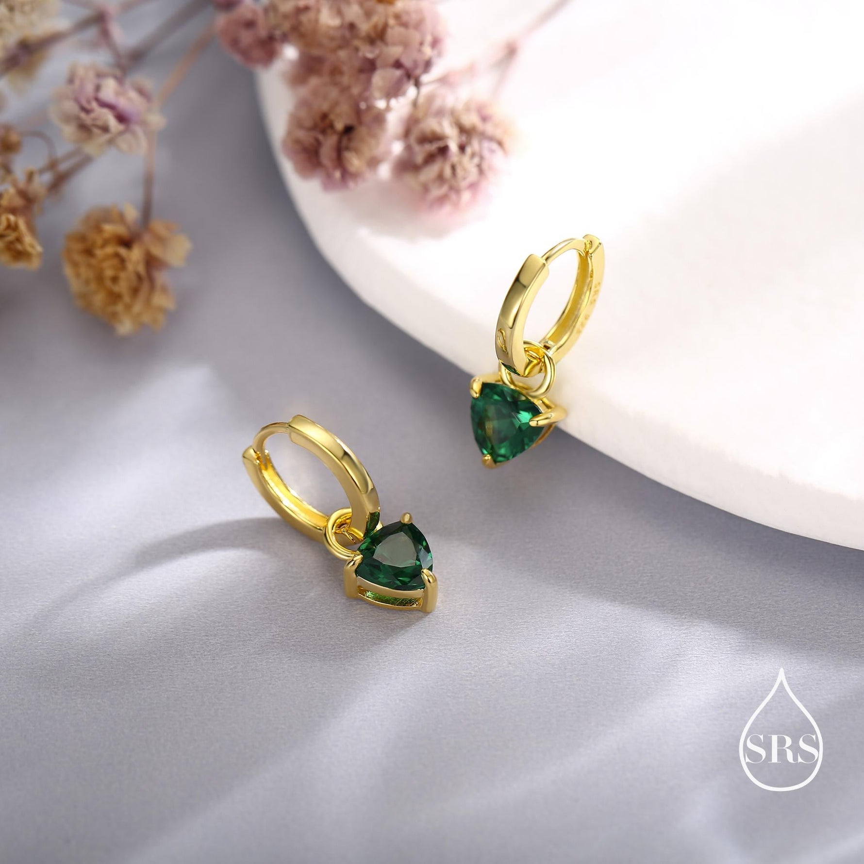 Sterling Silver Emerald Green Trillion Cut CZ Hoop Earrings, Silver, Gold, Triangle Dangle Hoop Earrings, Interchangeable Charm