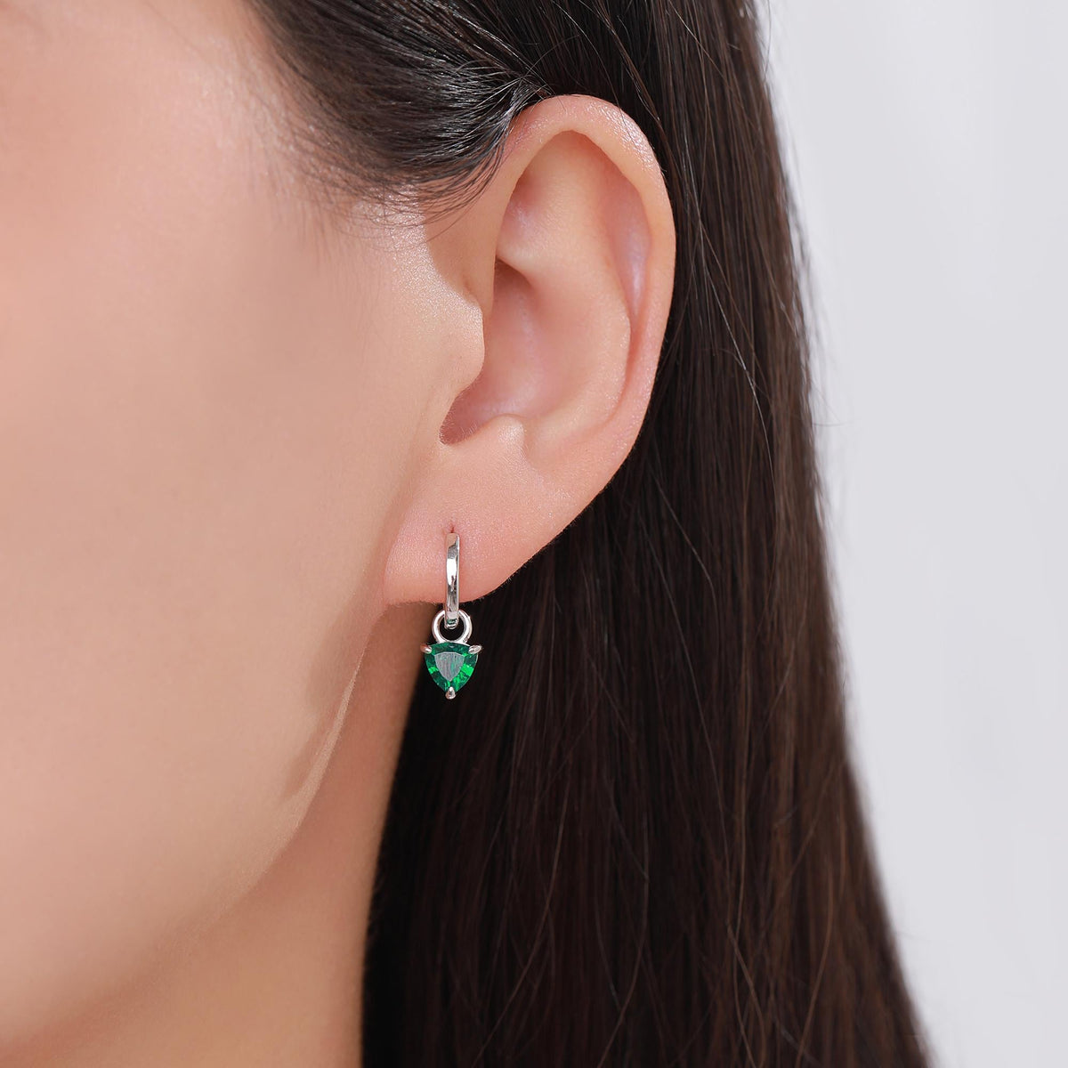 Sterling Silver Emerald Green Trillion Cut CZ Hoop Earrings, Silver, Gold, Triangle Dangle Hoop Earrings, Interchangeable Charm
