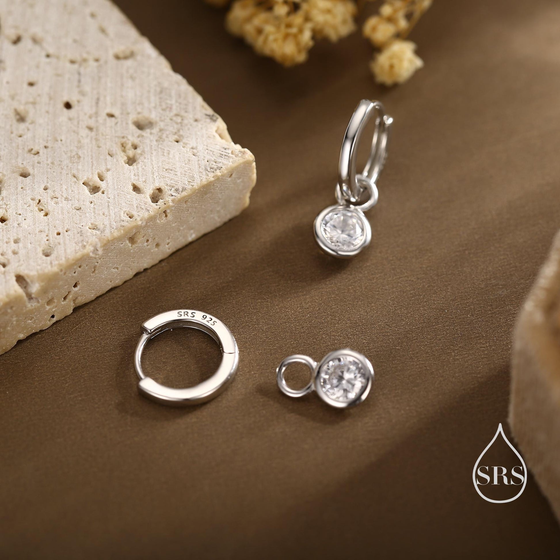 CZ Crystal Drop Hoop Earrings in Sterling Silver, Detachable Dangle Earrings, April Birthstone, Silver, Gold, Rose Gold, Interchangeable