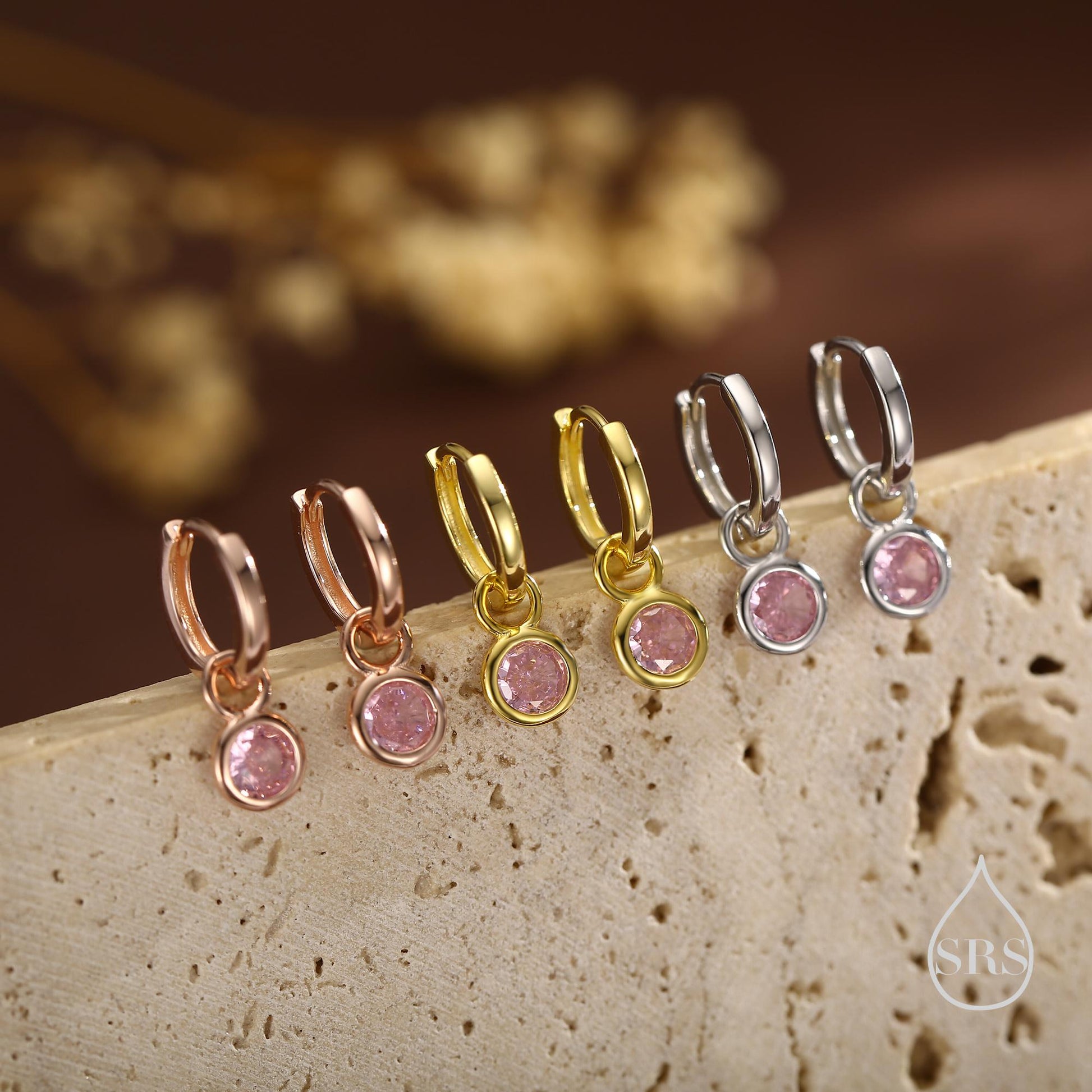 October Birthstone Tourmaline Pink Crystal Drop Hoop Earrings in Sterling Silver, Detachable Dangle Earrings, Silver, Gold, Rose Gold