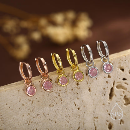 October Birthstone Tourmaline Pink Crystal Drop Hoop Earrings in Sterling Silver, Detachable Dangle Earrings, Silver, Gold, Rose Gold