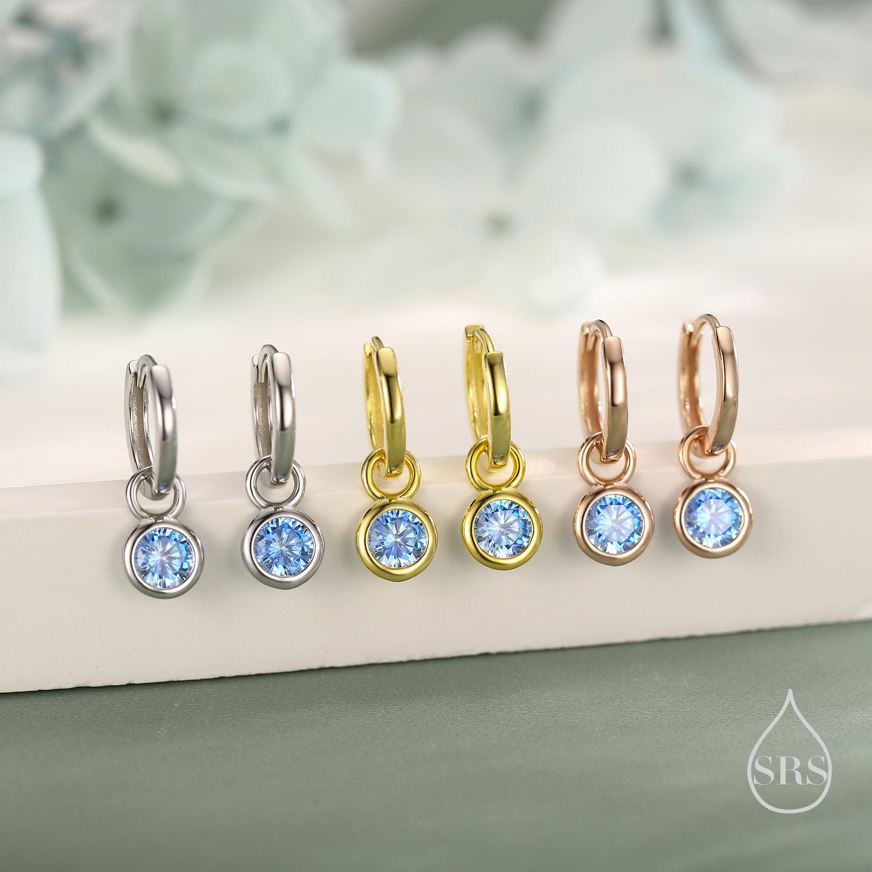 March Birthstone Aquamarine Hoop Earrings in Sterling Silver, Detachable Dangle Hoop Earrings, Silver, Gold or Rose Gold, Interchangeable