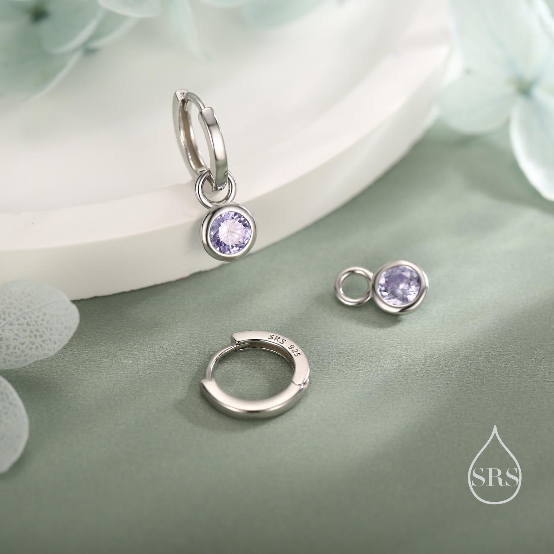 June Birthstone Alexandrite Crystal Drop Hoop Earrings in Sterling Silver, Detachable Dangle Earrings, Silver, Gold, Rose Gold