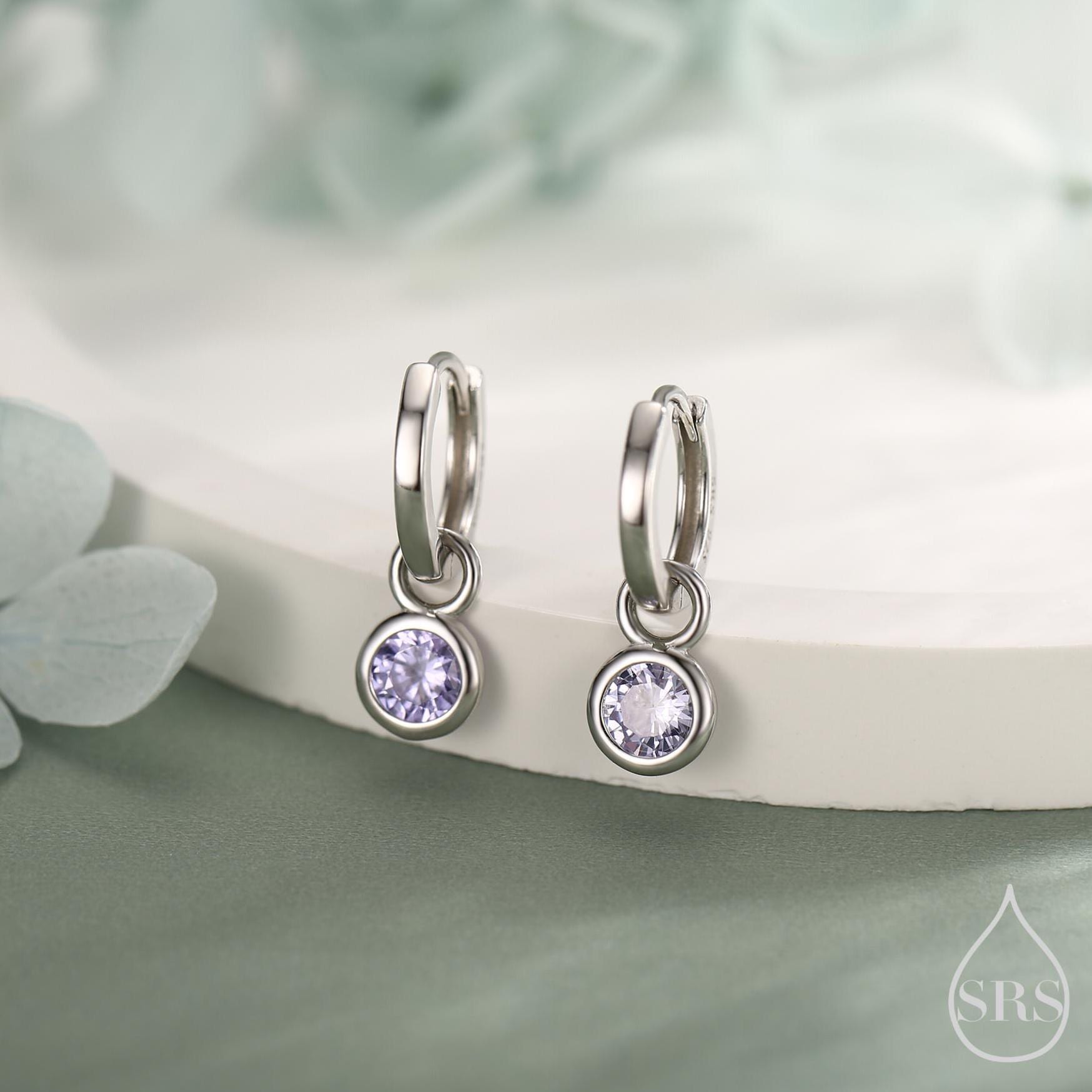 June Birthstone Alexandrite Crystal Drop Hoop Earrings in Sterling Silver, Detachable Dangle Earrings, Silver, Gold, Rose Gold
