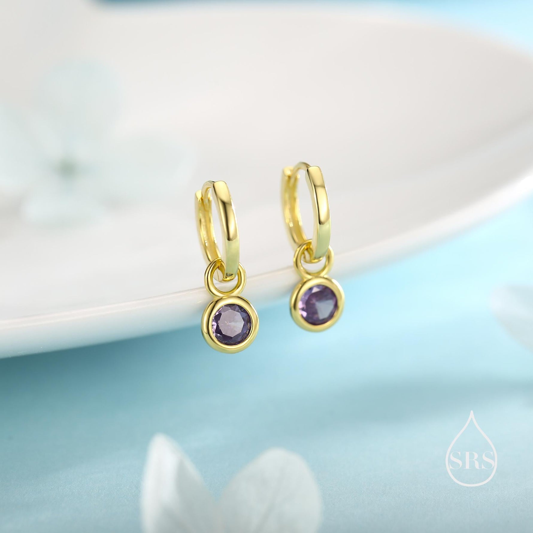 February Birthstone Amethyst Hoop Earrings in Sterling Silver, Detachable Dangle Hoop Earrings, Silver, Gold or Rose Gold, Interchangeable