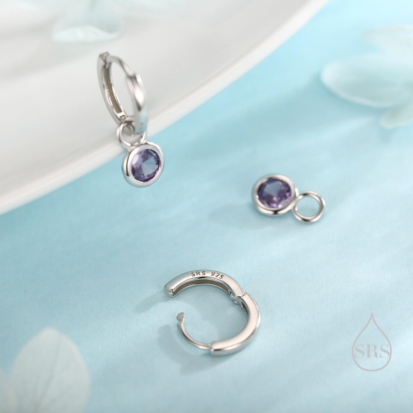 February Birthstone Amethyst Hoop Earrings in Sterling Silver, Detachable Dangle Hoop Earrings, Silver, Gold or Rose Gold, Interchangeable