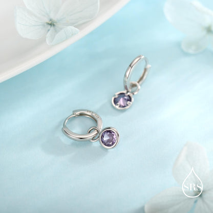February Birthstone Amethyst Hoop Earrings in Sterling Silver, Detachable Dangle Hoop Earrings, Silver, Gold or Rose Gold, Interchangeable