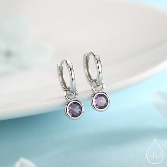 February Birthstone Amethyst Hoop Earrings in Sterling Silver, Detachable Dangle Hoop Earrings, Silver, Gold or Rose Gold, Interchangeable