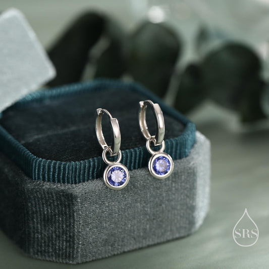December Birthstone Tanzanite Blue Crystal Drop Hoop Earrings in Sterling Silver, Detachable Dangle Earrings, Silver, Gold, Rose Gold