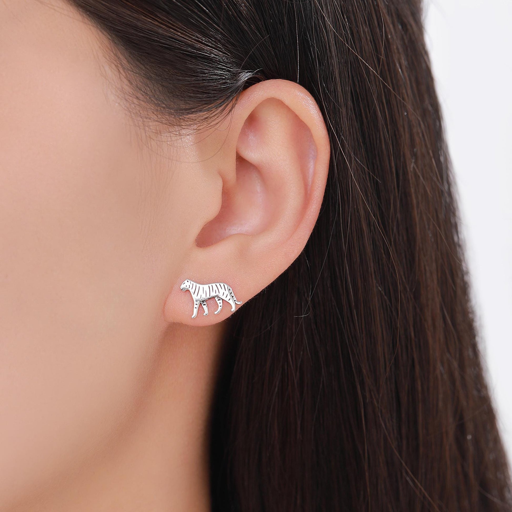 Sterling Silver Tiger Stud Earrings - Available in Silver, Gold or Rose Gold Finish, Tiger Earrings, Nature Inspired Animal Earrings