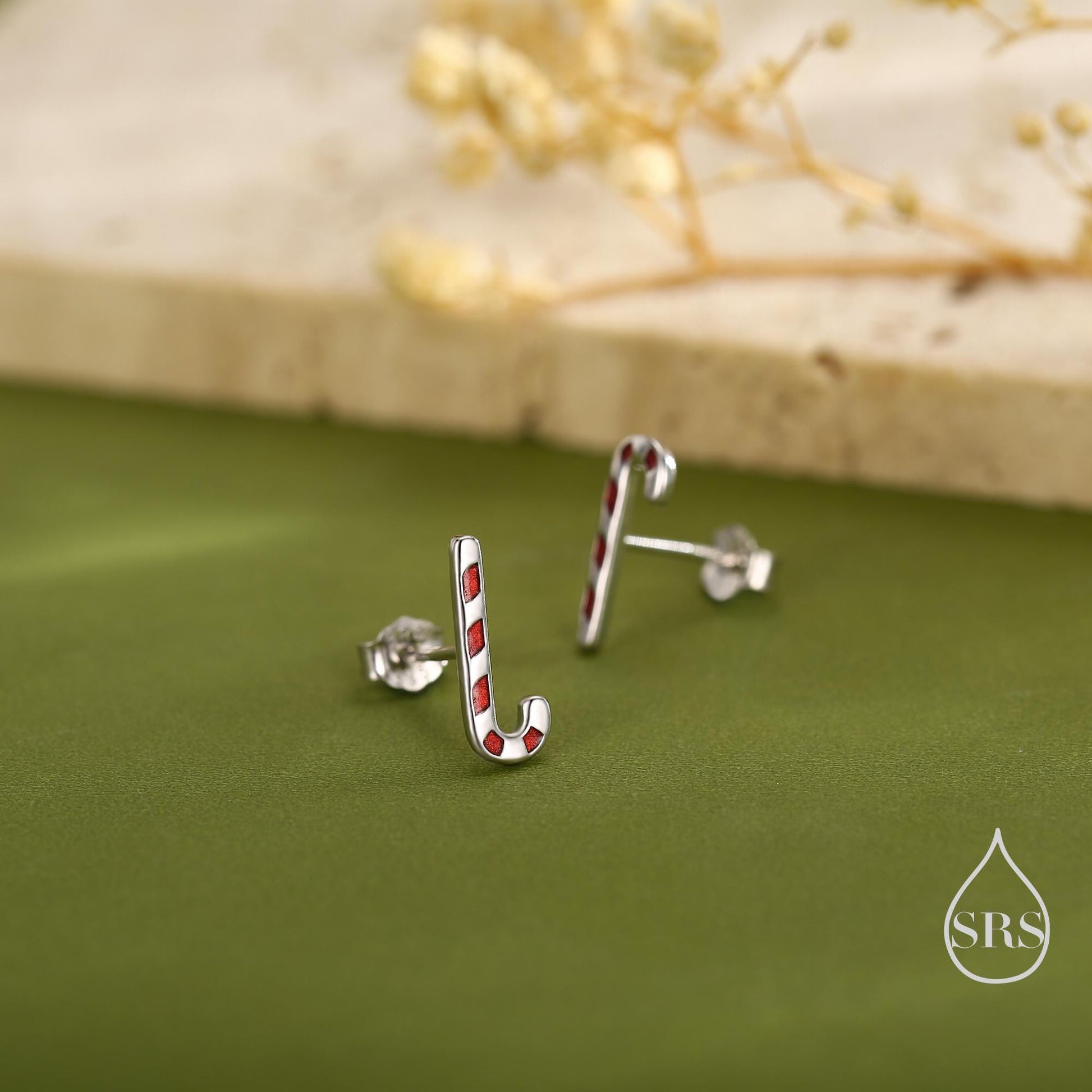 Tiny Candy Cane Stud Earrings in Sterling Silver, Silver or Gold Finish, Tiny Candy Cane Earrings, Christmas Earrings, Festive Earrings