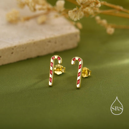 Tiny Candy Cane Stud Earrings in Sterling Silver, Silver or Gold Finish, Tiny Candy Cane Earrings, Christmas Earrings, Festive Earrings