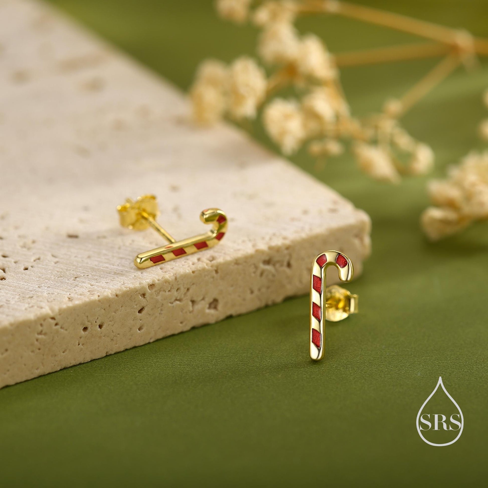 Tiny Candy Cane Stud Earrings in Sterling Silver, Silver or Gold Finish, Tiny Candy Cane Earrings, Christmas Earrings, Festive Earrings