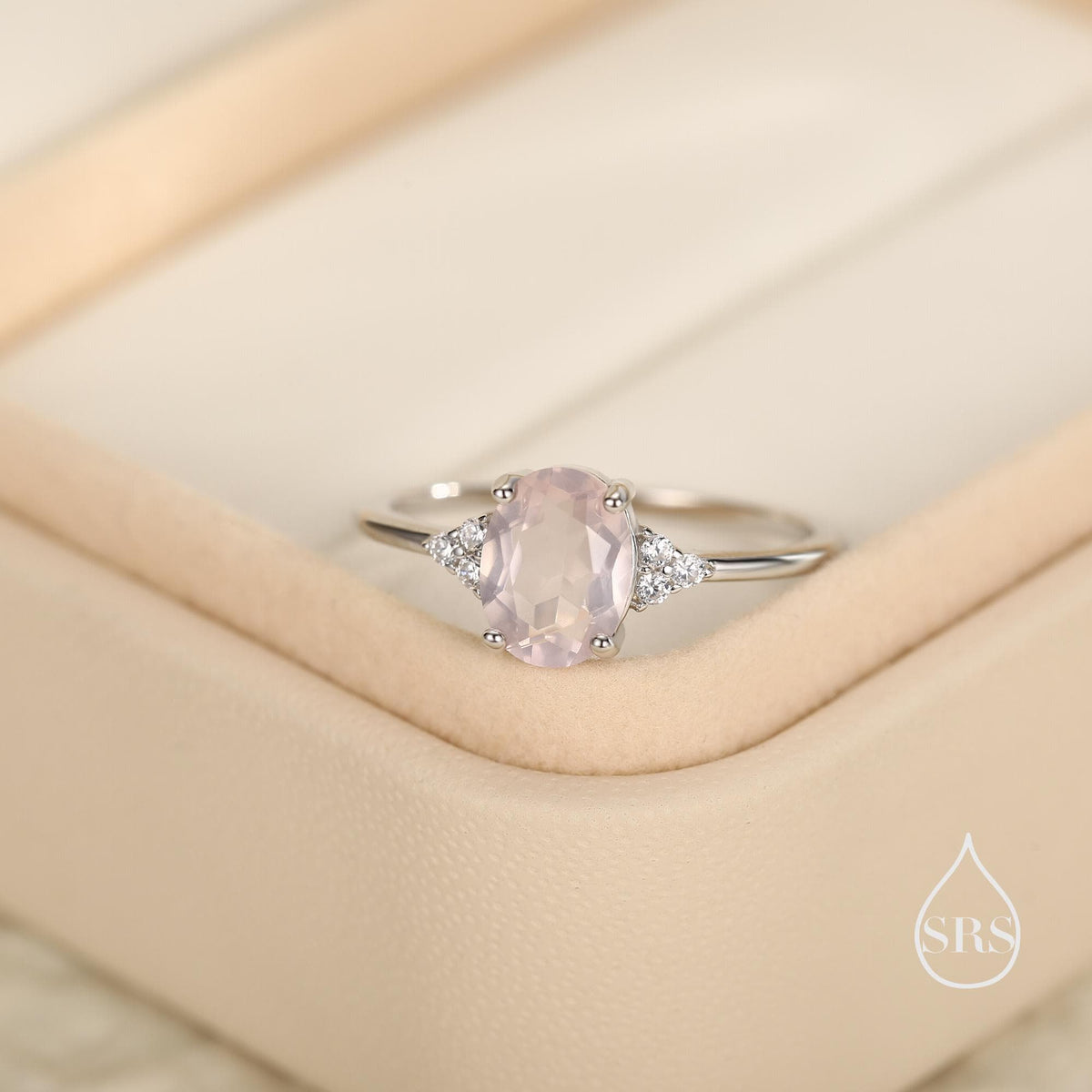 Genuine Oval Rose Quartz Ring in Sterling Silver, Natural Rose Quartz Ring, Three CZ, Pink Quartz Crystal, Vintage Inspired Design, US 5 - 8
