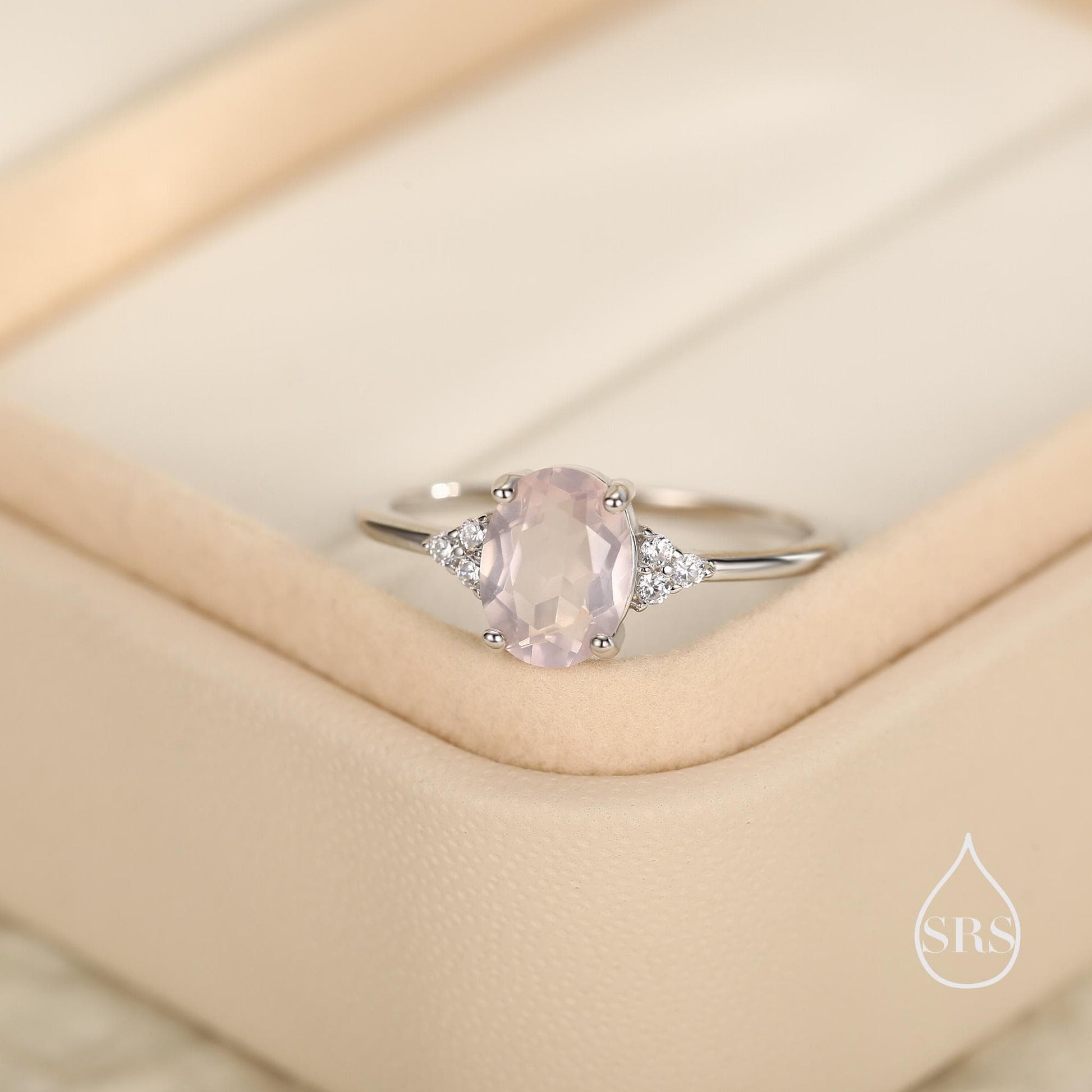 Genuine Oval Rose Quartz Ring in Sterling Silver, Natural Rose Quartz Ring, Three CZ, Pink Quartz Crystal, Vintage Inspired Design, US 5 - 8