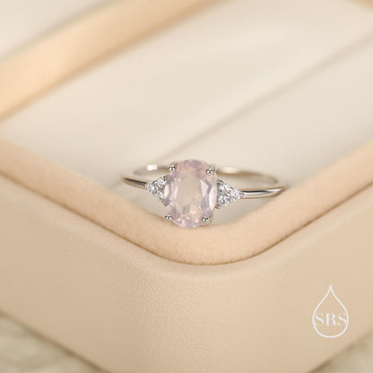 Genuine Oval Rose Quartz Ring in Sterling Silver, Natural Rose Quartz Ring, Three CZ, Pink Quartz Crystal, Vintage Inspired Design, US 5 - 8