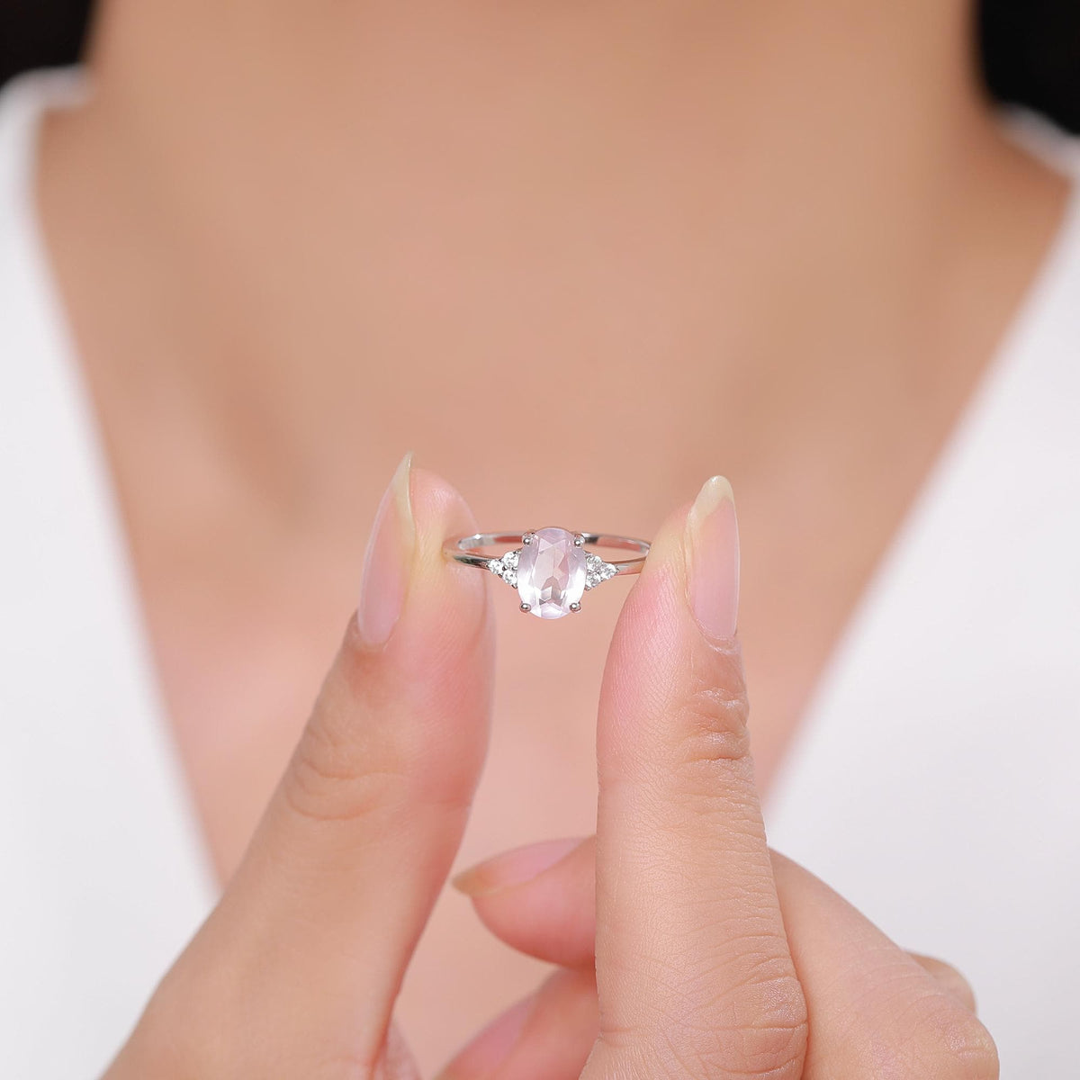 Genuine Oval Rose Quartz Ring in Sterling Silver, Natural Rose Quartz Ring, Three CZ, Pink Quartz Crystal, Vintage Inspired Design, US 5 - 8