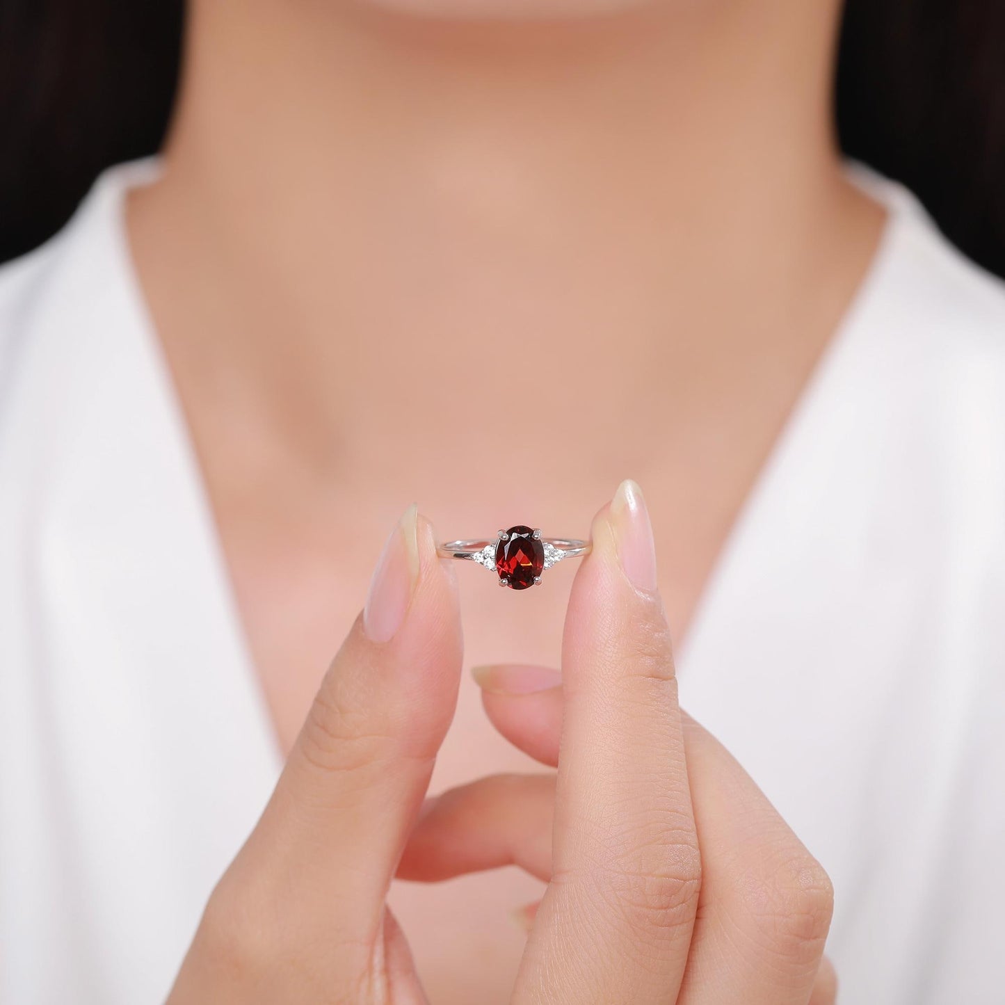 Genuine Garnet Oval Ring in Sterling Silver, Natural Red Garnet Ring, Three CZ, Garnet Crystal, Vintage Inspired Design, US 5 - 8