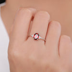 Genuine Garnet Oval Ring in Sterling Silver, Natural Red Garnet Ring, Three CZ, Garnet Crystal, Vintage Inspired Design, US 5 - 8