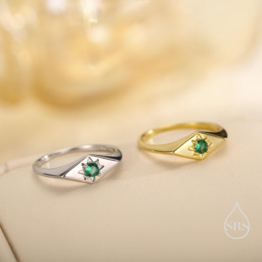 Kite Signet Emerald Ring in Sterling Silver, Silver or Gold, Starburst Emerald CZ Ring, Rhombus Ring, US 5 - 8