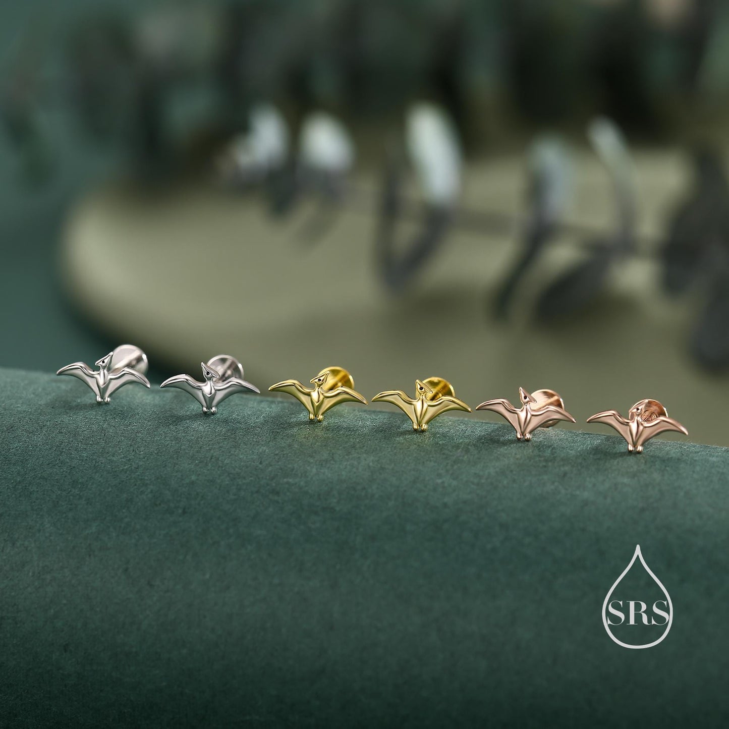 Extra Tiny Pterosaurs Flying Dinosaur Screw Back / Internally Threaded Flat Back / Stud Earrings in Sterling Silver, Cute, Fun, Whimsical