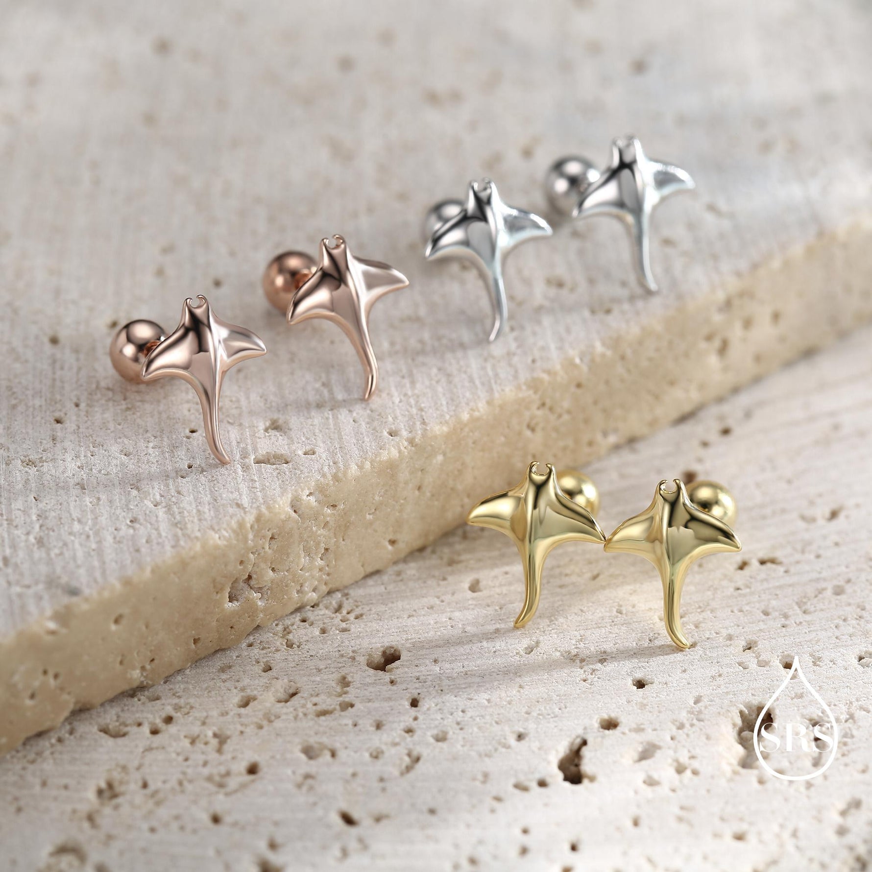 Sterling Silver Manta Ray 18G Screw Back Earrings, Silver, Animal Earrings