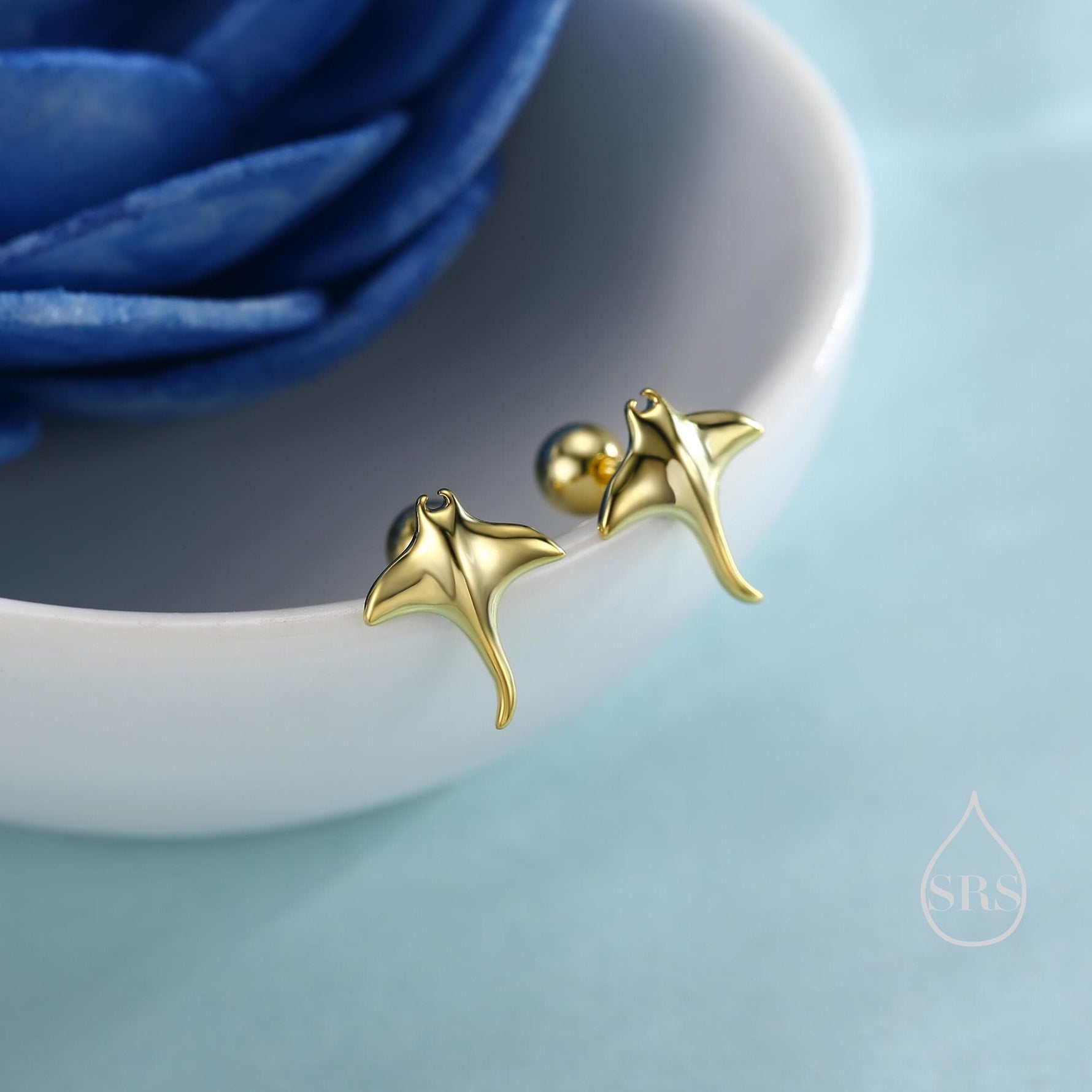 Sterling Silver Manta Ray 18G Screw Back Earrings, Silver, Animal Earrings