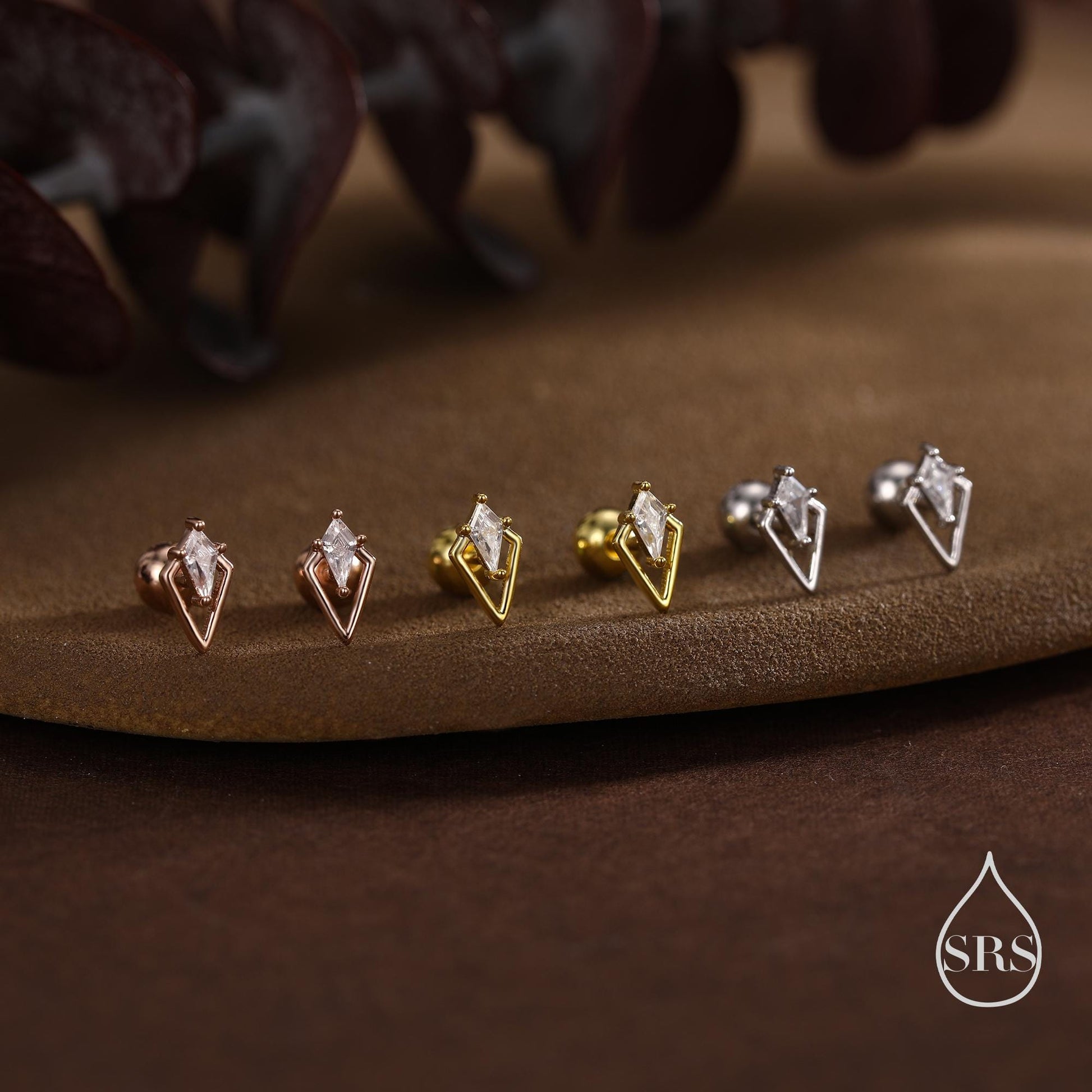 Art Deco Inspired Tiny Rhombus Screw Back / Internally Threaded Flat Back CZ Stud Earrings in Sterling Silver, Silver or Gold or Rose Gold
