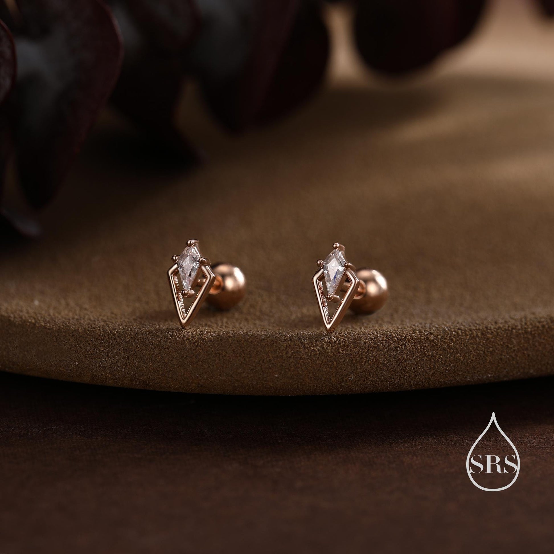 Art Deco Inspired Tiny Rhombus Screw Back / Internally Threaded Flat Back CZ Stud Earrings in Sterling Silver, Silver or Gold or Rose Gold