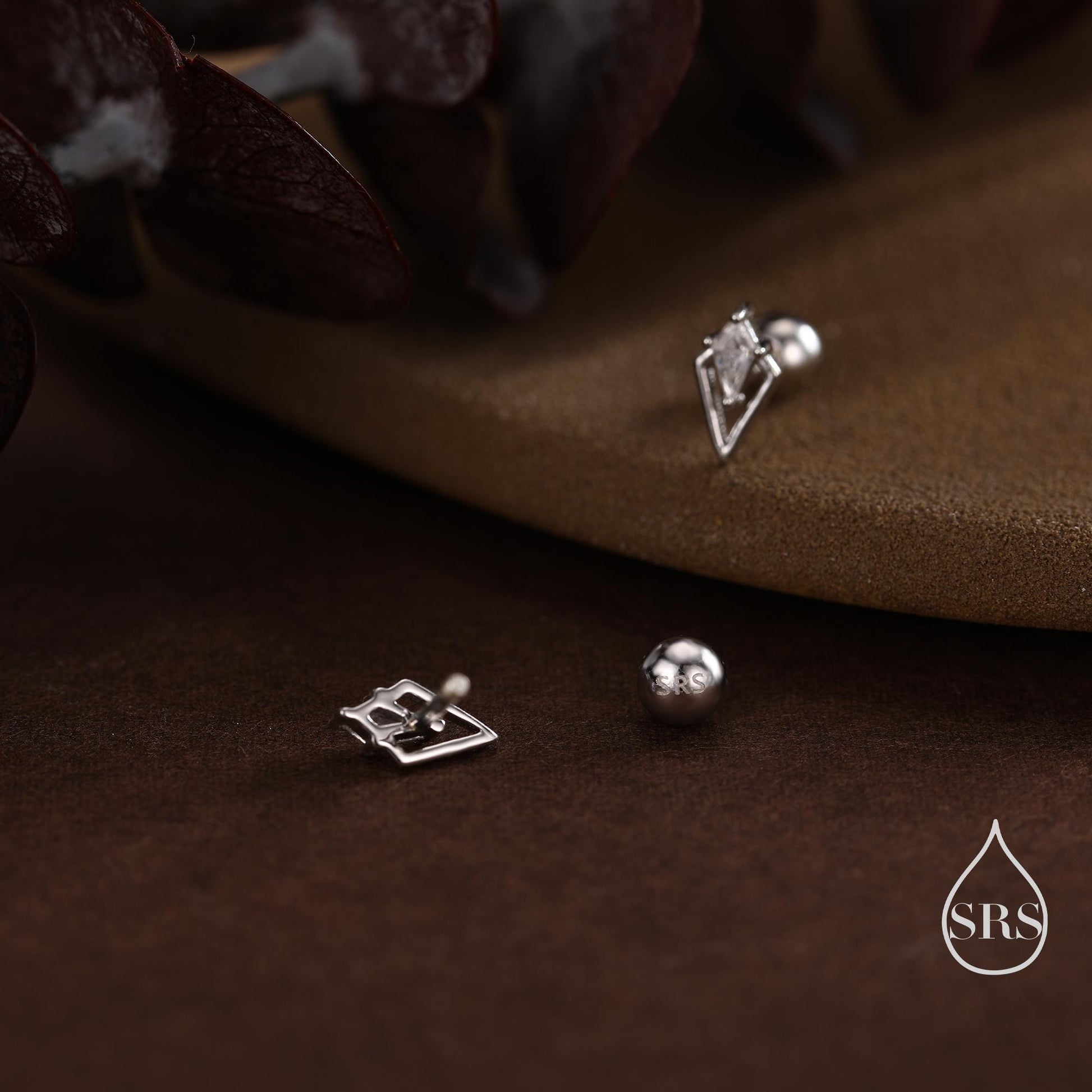 Art Deco Inspired Tiny Rhombus Screw Back / Internally Threaded Flat Back CZ Stud Earrings in Sterling Silver, Silver or Gold or Rose Gold