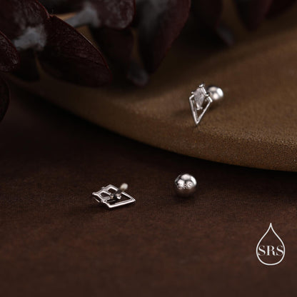 Art Deco Inspired Tiny Rhombus Screw Back / Internally Threaded Flat Back CZ Stud Earrings in Sterling Silver, Silver or Gold or Rose Gold