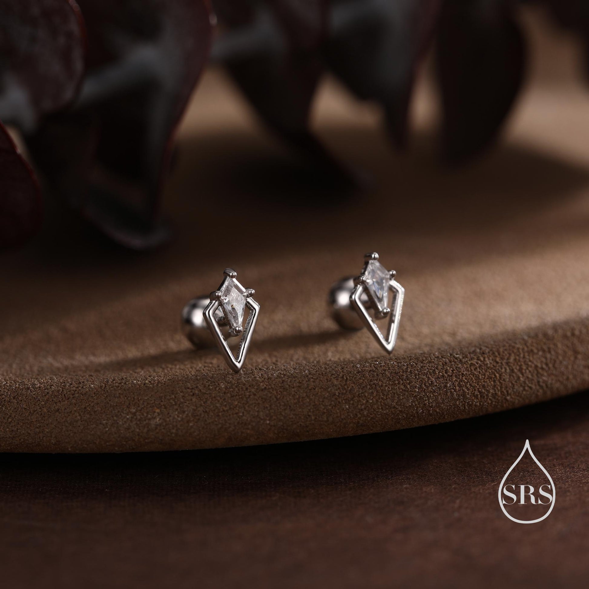 Art Deco Inspired Tiny Rhombus Screw Back / Internally Threaded Flat Back CZ Stud Earrings in Sterling Silver, Silver or Gold or Rose Gold