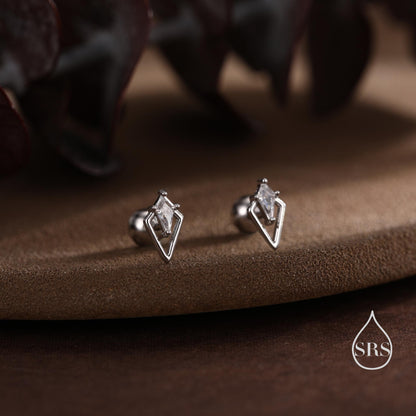 Art Deco Inspired Tiny Rhombus Screw Back / Internally Threaded Flat Back CZ Stud Earrings in Sterling Silver, Silver or Gold or Rose Gold