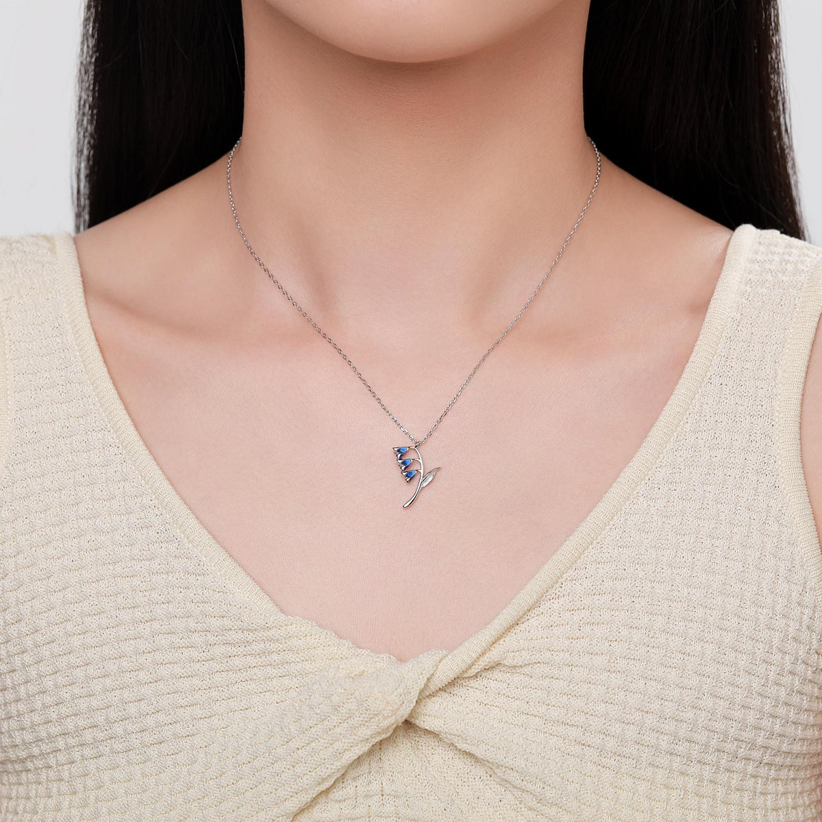 Sterling Silver Enamel Bluebell Flower Pendant Necklace, Dainty Delicate Bluebell Flower Necklace, Snowdrop Necklace, Spring Flowers