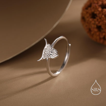 Sterling Silver Highland Cow Ring, Silver or Gold, Adjustable Size, Highland Cow Jewellery, Cow Ring, Scottish Design