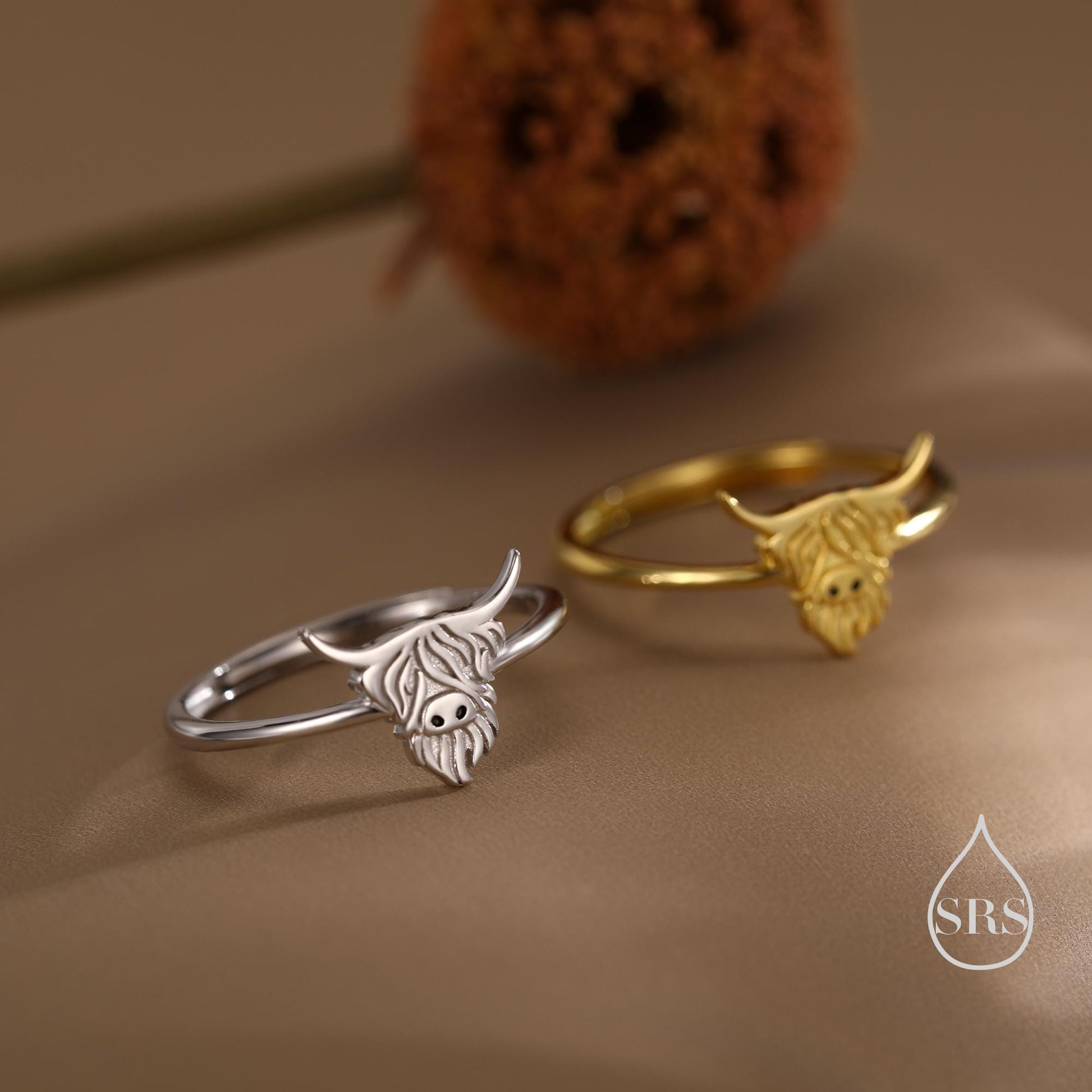 Sterling Silver Highland Cow Ring, Silver or Gold, Adjustable Size, Highland Cow Jewellery, Cow Ring, Scottish Design