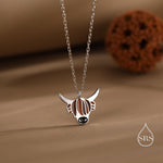Sterling Silver Enamel Highland Cow Pendant Necklace, Silver or Gold Finish, Delicate Highland Cow Necklace, Scottish Jewellery