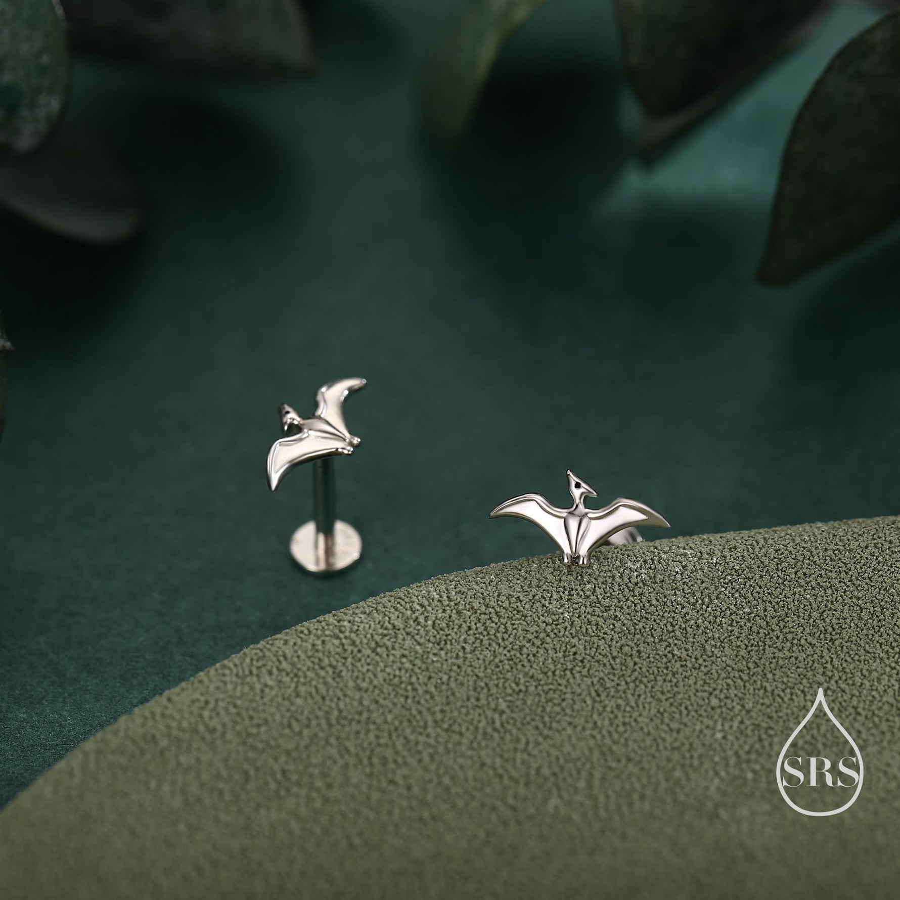 Tiny Pterosaurs Flying Dinosaur 16G Internally Threaded Flat Back Earrings in Sterling Silver, Animal Earrings