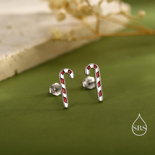 Tiny Candy Cane Stud Earrings in Sterling Silver, Silver or Gold Finish, Tiny Candy Cane Earrings, Christmas Earrings, Festive Earrings