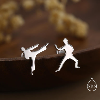 Mismatched Tiny Karate Stud Earrings in Sterling Silver, Silver, Gold or Rose Gold, Asymmetric Kung Fu Earrings, Martial Art Earrings
