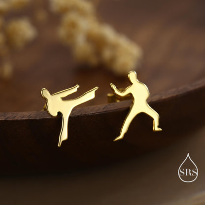 Mismatched Tiny Karate Stud Earrings in Sterling Silver, Silver, Gold or Rose Gold, Asymmetric Kung Fu Earrings, Martial Art Earrings