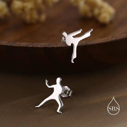 Mismatched Tiny Karate Stud Earrings in Sterling Silver, Silver, Gold or Rose Gold, Asymmetric Kung Fu Earrings, Martial Art Earrings