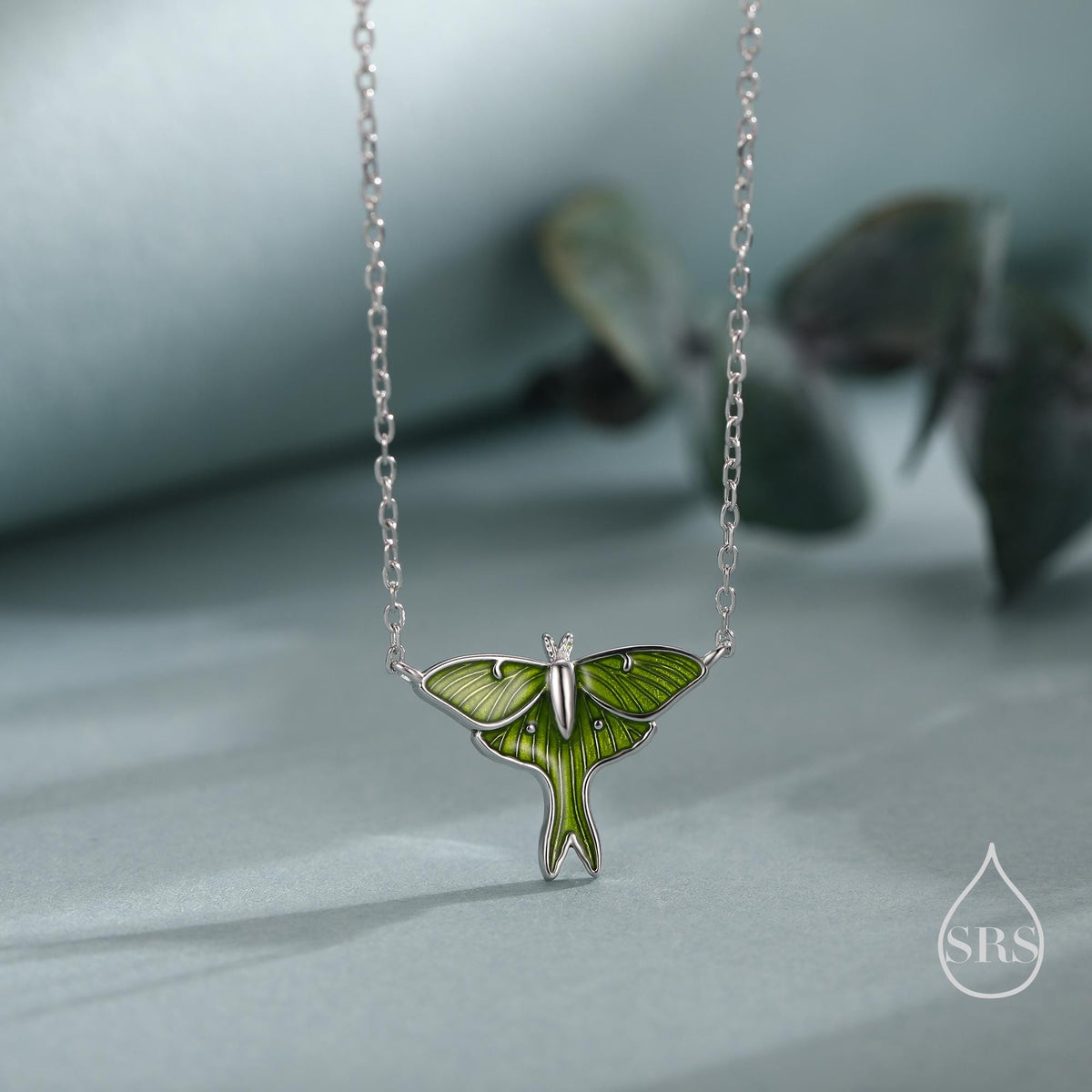 Green Enamel Lunar Moth Charm Necklace