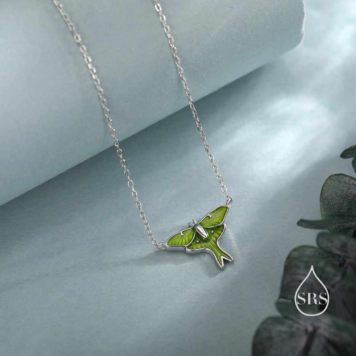 Green Enamel Lunar Moth Charm Necklace