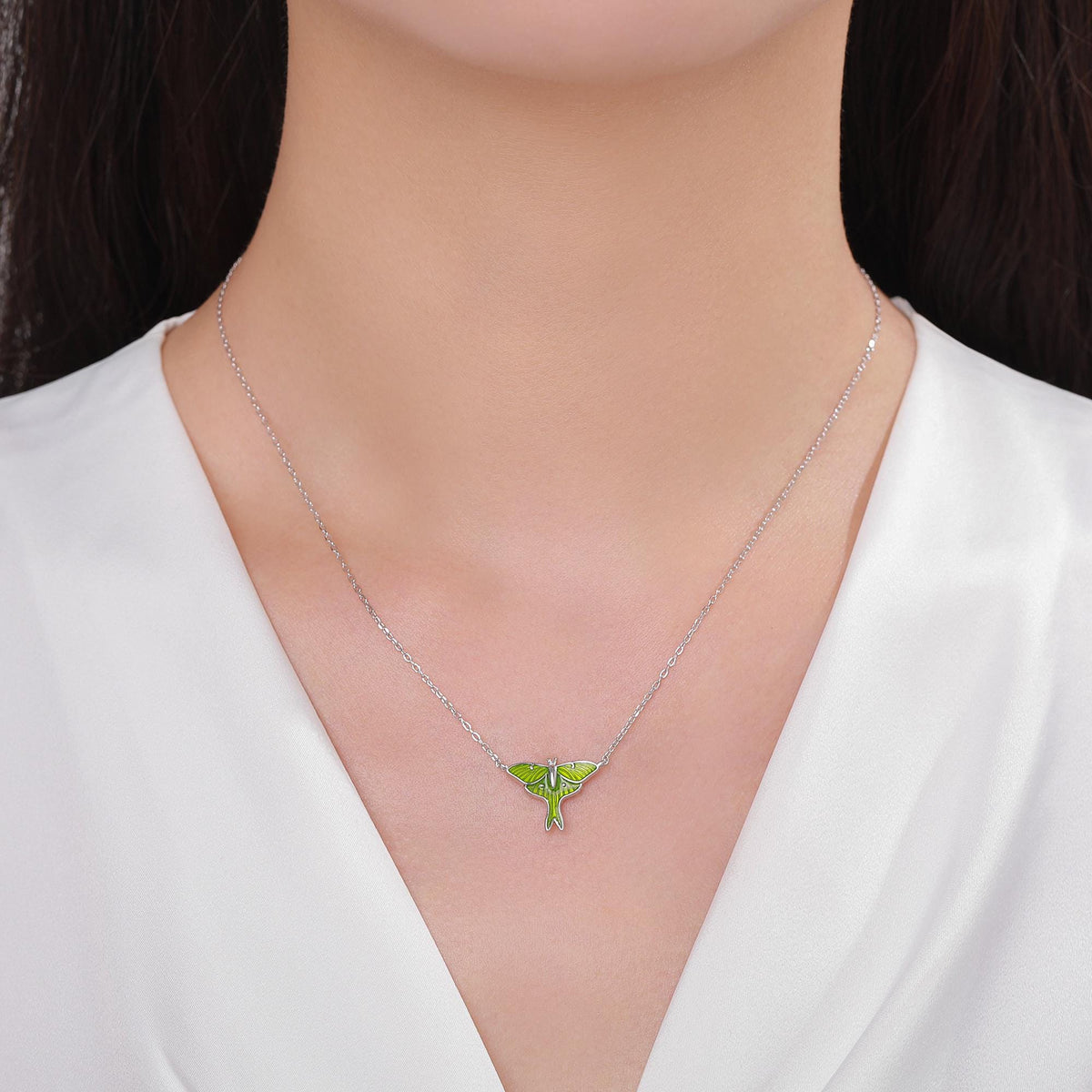 Green Enamel Lunar Moth Charm Necklace