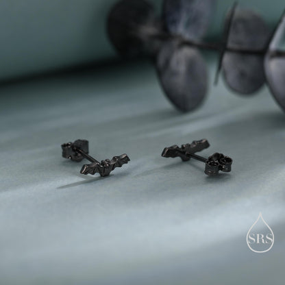Very Tiny Bat Stud Earrings in Sterling Silver, Silver or Gold or Black, Stacking Earrings, Animal Earrings