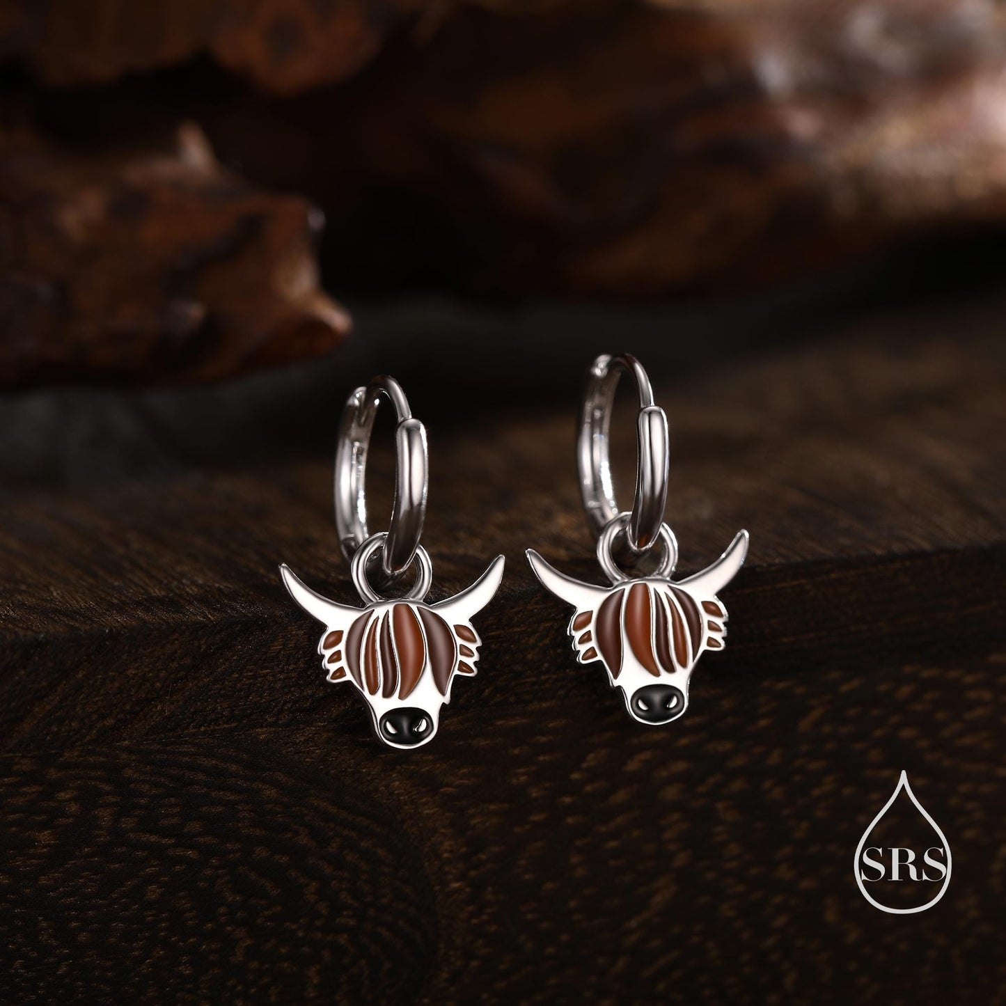 Sterling Silver Enamel Highland Cow Huggie Hoops, Finish Available in Silver or Gold Finish, Highland Cow Earrings, Detachable Hoops