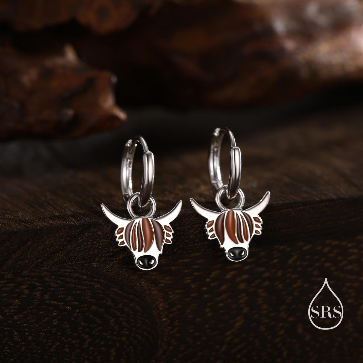 Sterling Silver Enamel Highland Cow Huggie Hoops, Finish Available in Silver or Gold Finish, Highland Cow Earrings, Detachable Hoops